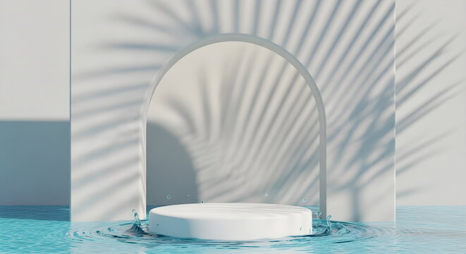 Minimalist white marble podium in blue water with arch and palm shadow