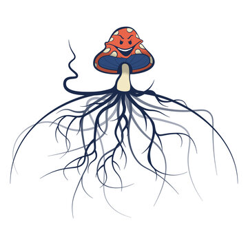 Retro Cartoon Mushroom Character with Mycelium Roots &mdash; Groovy Mascot Vector Illustration