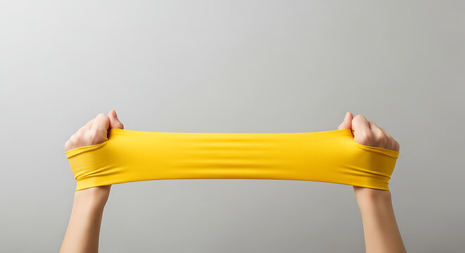 Hands stretching yellow slime toy on gray background.