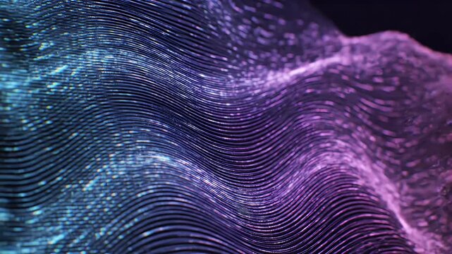 Abstract Digital Waveform of Glowing Particles in Blue and Purple Hues.