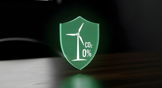 Carbon neutral and renewable energy concept with neon eco shield icon on desk