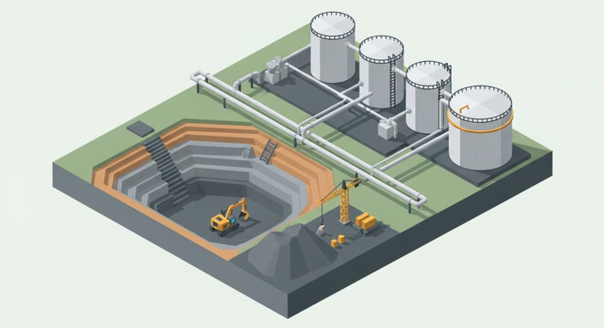 Open pit mine heavy machinery excavation site with tanks.