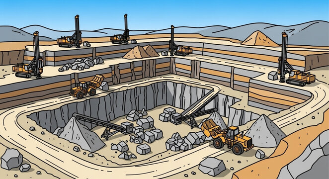 Open pit mine with heavy excavation equipment and benches.