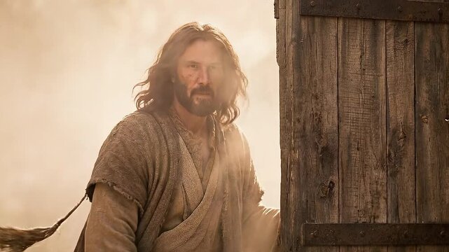 Jesus Opening heavy wooden gate Ancient israel setting Dusty atmosphere
