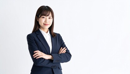 Obraz premium スーツ姿の若い女性が腕を組んで自信に満ちた表情で立つビジネスイメージ