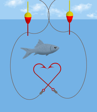 Two red fishhooks form a heart in a 3-d illustration entitled: I love fishing. Line, bobbers and a fish are also seen in the  image.