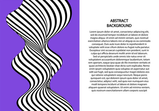 Abstract vertical canvas with distorted black and white striped 3D figure on bright purple background with text. Eps 10