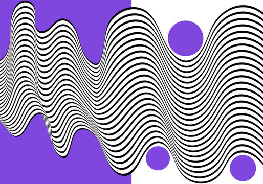 Abstract horizontal illustration with black and white wavy stripes and purple circles on 