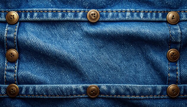 Close-up of denim with decorative stitching and brass-toned buttons arranged in a rectangular frame. Worn texture, vibrant blue color, and tailored details