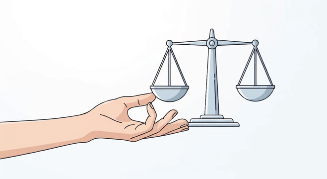 Justice, law, balance scale, hand holding equilibrium, fairness concept, vector illustration