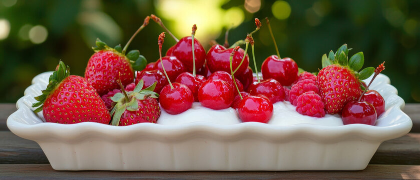A white dish filled with fresh strawberries, cherries, and raspberries atop white cream, outdoors with a soft green background