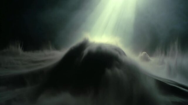 Dark turbulent cloud waves in a painterly style under a glowing sky background, expressing a concept of mystery and awe