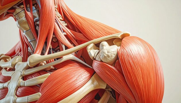 Anatomical Model of Human Shoulder Showing Muscles and Bones.