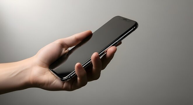 Hand holding a modern smartphone with a blank black screen against a neutral gray background, showcasing mobile technology and connectivity in a minimalist style.
