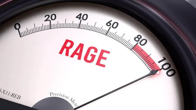Rage off the charts. Meter showing increasing, dangerous and high levels of rage, potential overload. Maximum and critical rage
