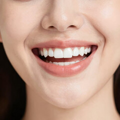 Naklejka premium A close-up shot of a woman's face features her smooth skin and bright teeth in a soft focus background