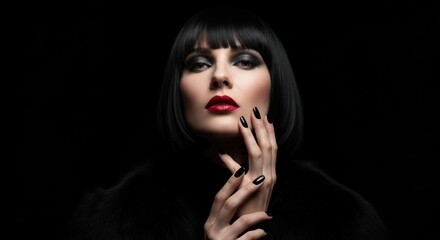 Portrait of a woman with dark hair, makeup, red lips, and black fur © andi