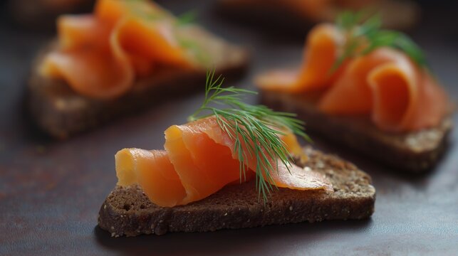 tonalite. Close-up of oily smoked salmon slices on dark rye bread. menu design, packaging mockups, designed for culinary blogs and recipe cards for restaurants, used by interior designers.