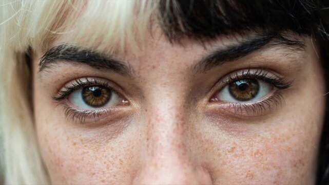 Eyes of a Young Woman with Heterochromia Looking Directly into the Camera Lens with a Calm Expression Featuring Freckles and Two Tone Hair Colors in a Close Up Studio Portrait Shot