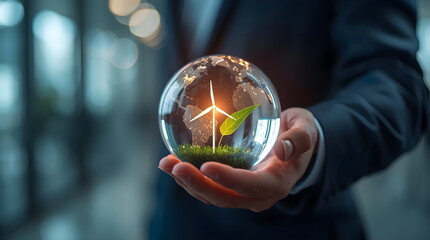 Fototapeta premium Corporate Environmental Responsibility Concept with Clean Energy in Glass Globe