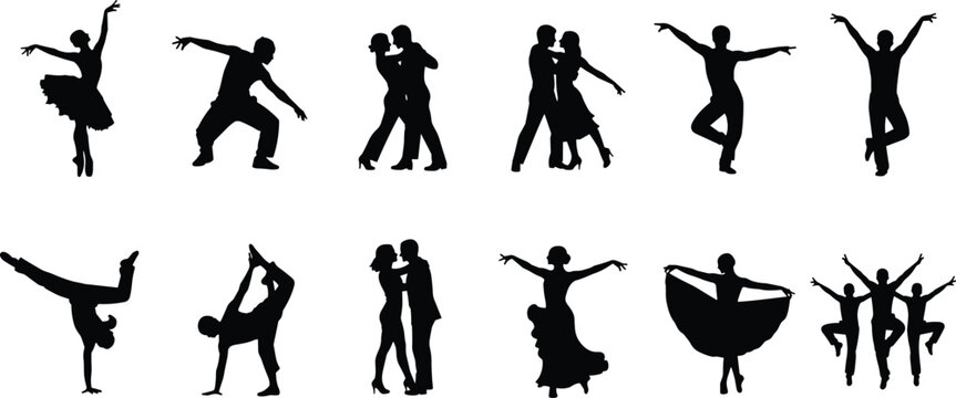 Dance silhouettes vector set, ballet contemporary icons, acrobatic poses, partner dancers, expressive movement pictograms, artistic performance illustration design