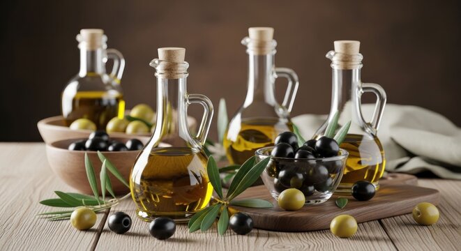 Several oil cruets & olive bowls arranged with fresh olives and sprigs