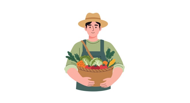 Man holding basket of fresh vegetables.