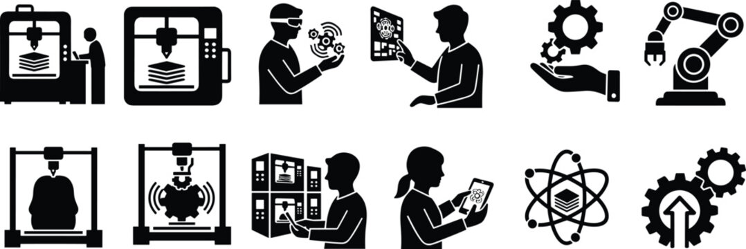 Industry 4.0 silhouettes, 3D printing icons, robotics automation, augmented reality, engineering innovation, smart manufacturing vector set for technology design