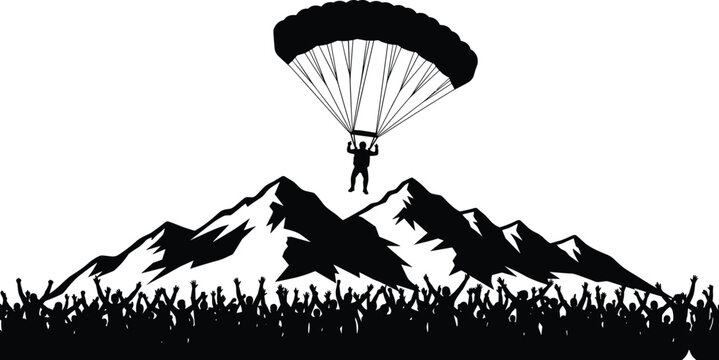 Parachuting silhouette vector, mountain landscape icons, cheering crowd pictograms, adventure outdoor illustration, extreme sport design set for celebration