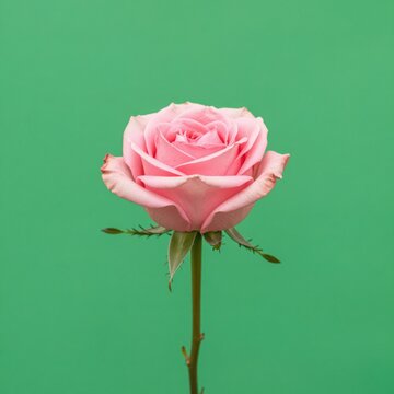Single Pink Rose Flower on Green Background with Stem and Thorns