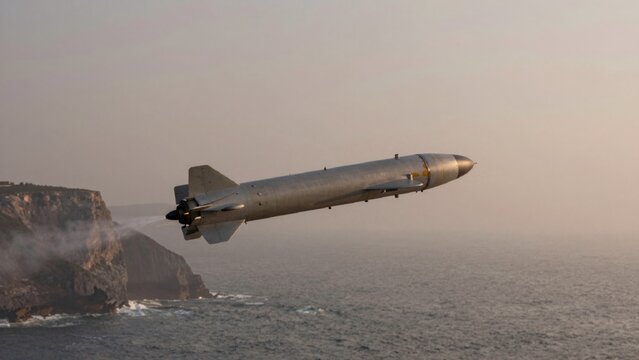 High-resolution missile launched cliff overlooking ocean center hovering low vast expanse which stretches hori