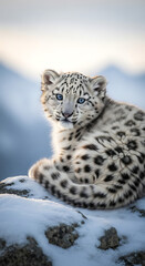 Fototapeta premium Adorable Snow Leopard Cub Sitting on Snowy Rock.