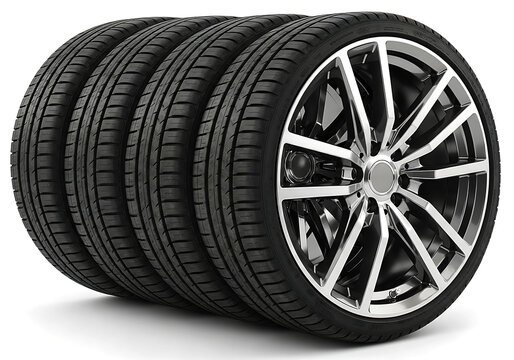 Five stylish alloy wheels with performance tires ready for installation