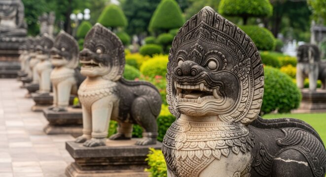 Stone lion statues lined up, guarding an ancient temple in a garden