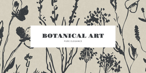 Hand drawn botanical floral banner in sketch style with vintage beige background, elegant plant silhouettes for natural branding and packaging design, vector illustration © Liliya