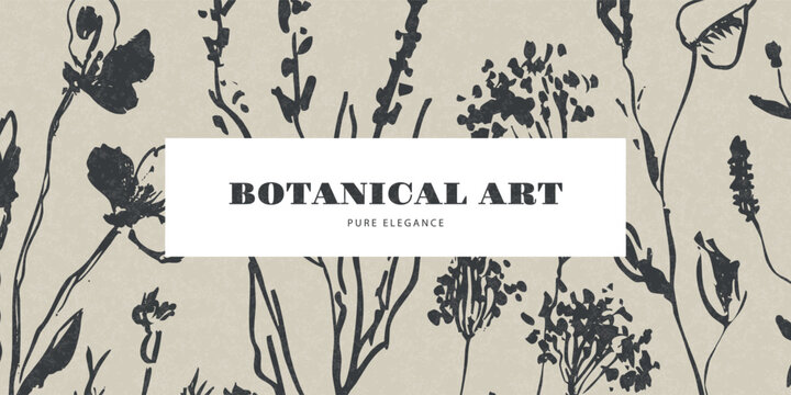 Hand drawn botanical floral banner in sketch style with vintage beige background, elegant plant silhouettes for natural branding and packaging design, vector illustration