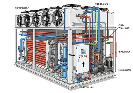 Industrial watercooled chiller system with detailed internal components and piping