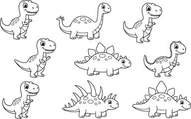Collection of cute cartoon dinosaur line art characters featuring tyrannosaurus rex stegosaurus and brachiosaurus for children coloring book vector. © NUR