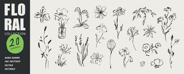 Obraz premium Set of floral design elements with hand drawn wild flowers and plants in black ink sketch style, vector illustration