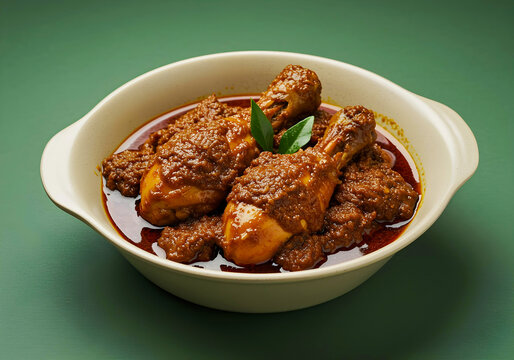 Close-up of chicken rendang with rich dark spice paste, served in a bowl on a clean green background. Traditional Southeast Asian dish captured in high-resolution studio lighting.