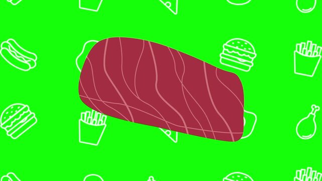 Raw red meat animated cartoon vector with foodie icon background on green screen. Steak idea, beef, organic food symbol. Popup animation template design element