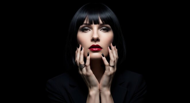 Woman with black bob, red lips, black nail polish against a dark backdrop