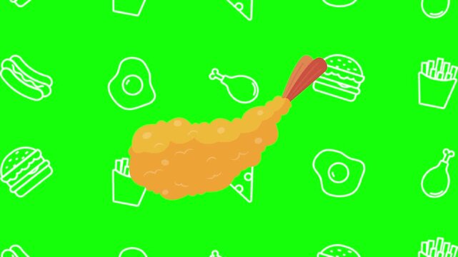 Shrimp, prawn, fried tempura animated cartoon vector with foodie icon background on green screen. Appetizer idea, cuisine, Japanese food symbol. Popup animation template design element