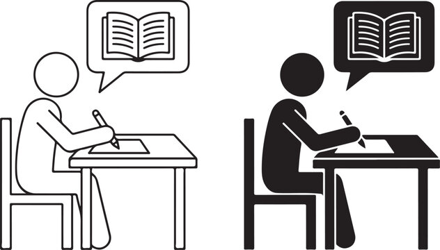 Two stick figures studying at desks with open books in thought bubbles