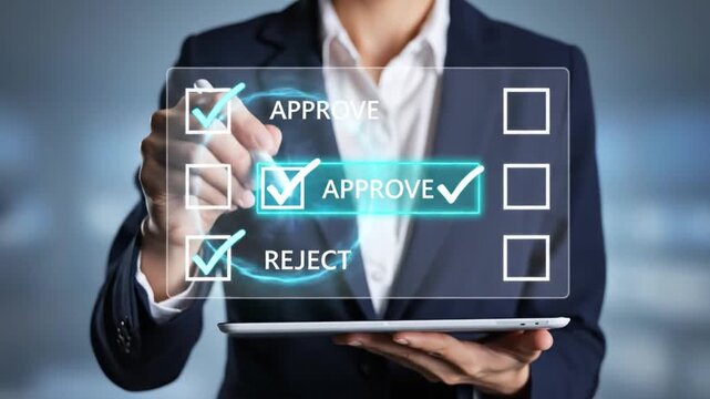 Business professional approving document with digital interface for decision making