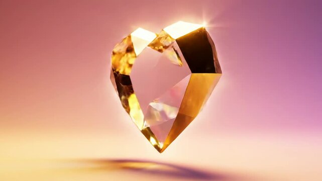 Translucent geometric heart shape with golden edges and faceted surfaces floating on a soft pink and orange gradient background with light reflections and subtle lens flare effect.