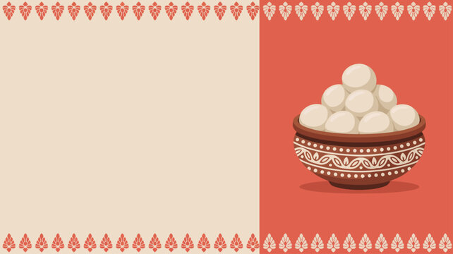 Indian Bengali festival background with bowl of rosogolla sweets and copy space for text placement