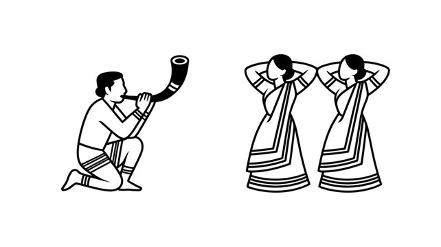 Traditional Assamese Bihu dancers and pepa player black and white line art vector illustration isolated