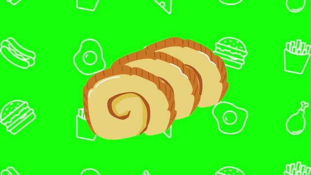 Cake roll, Swiss roll animated cartoon vector with foodie icon background on green screen. Dessert idea, spiral, sweet pastry symbol. Popup animation template design element