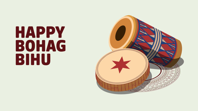 Happy Bohag Bihu festival greeting card with traditional Assamese dhol and japi vector illustration isolated